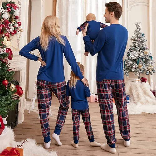Vista 3 de Honwenle - Conjuntos de pijamas familiares de Navidad a juego, pijamas de Navidad con camiseta con estampado de Papá Noel y pantalones a cuadros