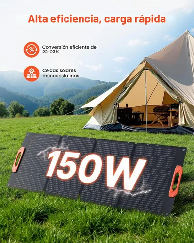 Vista 2 de VEVOR Panel solar monocristalino plegable de 150 W, 23% de eficiencia, cargador de panel solar monocristalino portátil ETFE con salida MC4, puertos