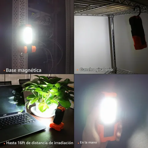 Vista 3 de Luz de trabajo LED transportable, 200 lúmenes, multiuso, linterna, base magnética y gancho para colgar, a batería, 5000 K luz de día, ángulo