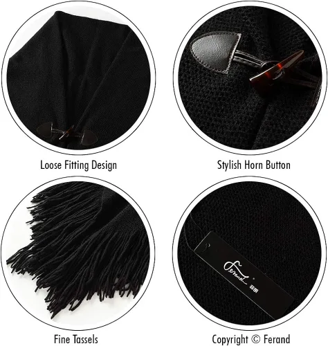 Vista 4 de Ferand Poncho de ajuste holgado para mujer con botones de cuerno elegantes, cuello en V y dobladillo en V