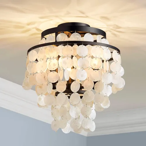 Vista 12 de AGV LIGHTING CL008S Capiz Seashell Lámpara de Techo, Montaje al Ras, D13 x H15, 3 Luces, Marco con Acabado Cromado; Perfecto para Sala de Estar