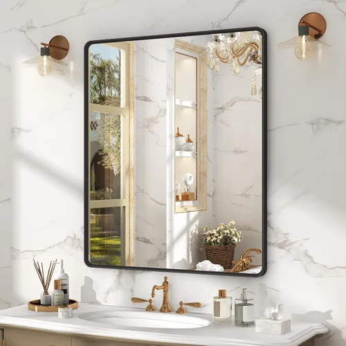 Vista 30 de OKPAL - Espejo de tocador de baño de 20x24 pulgadas con marco de metal cepillado en bronce, espejo de baño con marco de metal cepillado en bronce