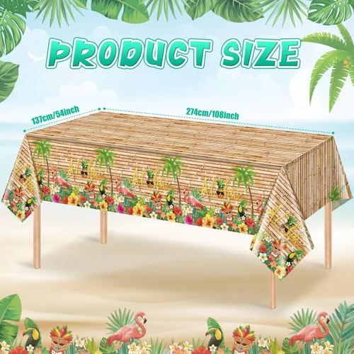Vista 2 de Mantel hawaiano Luau de 3 piezas, mantel para fiesta de Tiki tropical, mantel rectangular desechable de plástico para Tiki Bar Tropical, verano