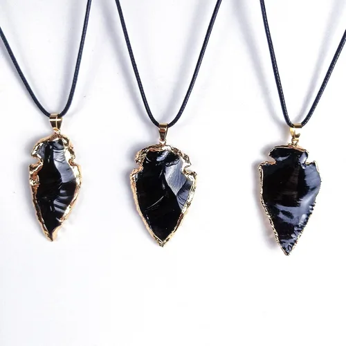 Vista 5 de Tebapi Collar con colgante de obsidiana negra natural para hombres y mujeres, con forma de punta de flecha, dije de piedra de cuarzo con punta