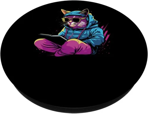 Vista 2 de Cat Books Kitten - Pet Owner Feline Synthwave Cat PopSockets Standard PopGrip