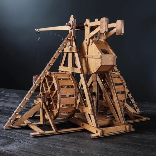 Vista 3 de Mini contrapeso Trebuchet con ruedas Europa Medieval Siege Carro Catapulta Armas DIY 3D Rompecabezas de madera Kits de modelos mecánicos Proyectos