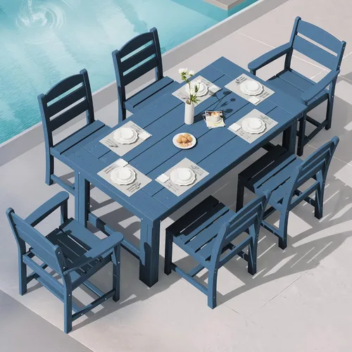 Vista 28 de SERWALL Juego de mesa y sillas de comedor para exteriores HDPE para 4 Azul marino