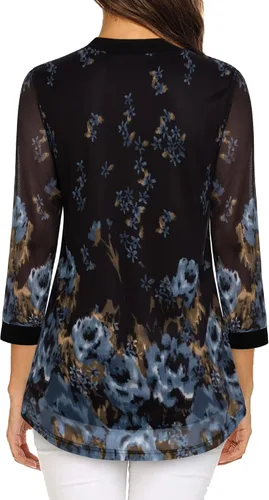 Vista 3 de Timeson Blusas de manga 34 para mujer, estilo casual, cuello en V, camisas de vestir de doble capa, túnicas de malla