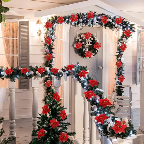 Vista 7 de 30 flores de Pascua artificiales de Navidad grandes de 8 pulgadas, para árbol de Navidad con purpurina, flores de imitación, guirnalda floral