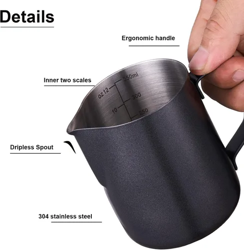 Vista 2 de Jarra espumadora de leche espresso de 12 oz/20 onzas, jarra espumadora de leche de acero inoxidable 304 para hacer café, café con leche, arte