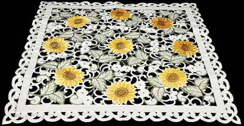 Vista 2 de Mantel bordado de girasol y margarita blanca en marfil de tejido abierto, mantel pequeño (cuadrado de 33 pulgadas)