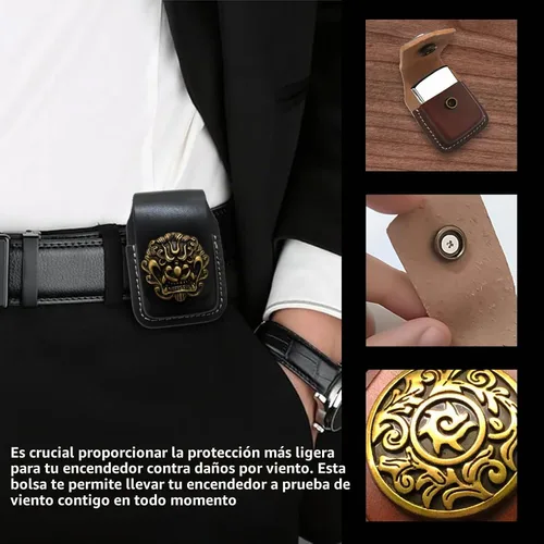 Vista 4 de Funda de cuero para encendedor, bolsa de cuero con tapa abatible, funda de soporte con trabilla para cinturón de bolsillo, hecha a mano