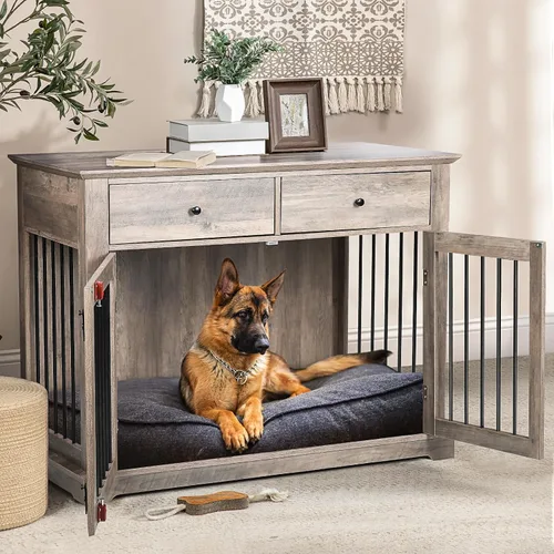 Vista 11 de LEMBERI Mueble de jaula para perros grande de 44 pulgadas, mesa auxiliar de madera para perros con cajones de almacenamiento, jaula decorativa