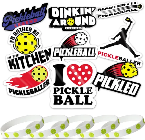 Vista 10 de Juego de calcomanías de pickleball – 9 divertidas calcomanías de vinilo + 10 pulseras de primer servidor – Accesorios de pickleball y regalos