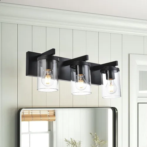 Vista 11 de BONLICHT Lámpara de pared de níquel cepillado de 2 luces con pantalla de cristal transparente, luces industriales de baño para interiores sobre