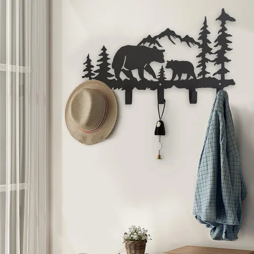 Vista 4 de Ganchos de Abrigo de Metal con Oso Arte de Pared Decorativo - Colgadores de Oso y Portallaves - Ganchos con Temática de Animales Decoración Dulce