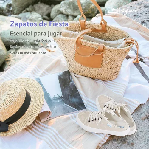 Vista 5 de Obtaom Sandalias de lona para mujer con espuma viscoelástica Clipper, tenis de moda, cómodas, fáciles de poner, sandalias sin tacón para mujer Beige