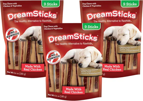 Vista 13 de DreamBone DreamSticks con sabor real a tocino y queso, palitos masticables para perros sin cuero crudo (paquete de 30)