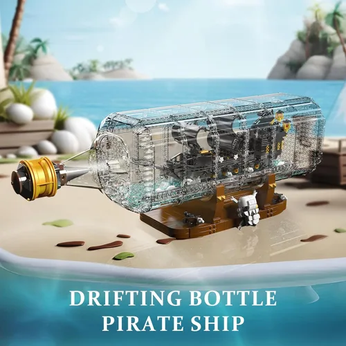 Vista 5 de Mould King 10065 Botella a la Deriva con Juego de Bloques de Construcción de Barco Perla Negra, Kit de Construcción de Modelo de Barco Pirata