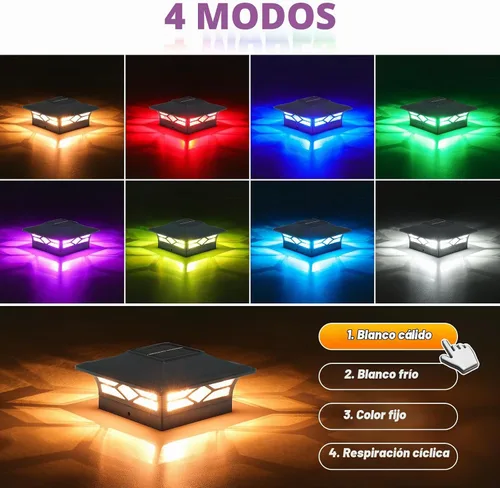 Vista 2 de VOLISUN Luz solar para poste impermeable al aire libre: cambio de color RGB - Luces solares intermitentes de tapa de valla 4 unidades negras