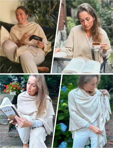Vista 3 de PULI Suéter tipo poncho para mujer con frente cruzado grande y elegante capa de punto para otoño e invierno