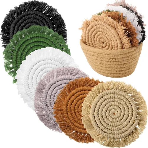 Vista 13 de Juego de 6 posavasos de algodón tejido bohemio absorbente con soporte para casa de campo, borla de macramé, regalo de inauguración de la casa