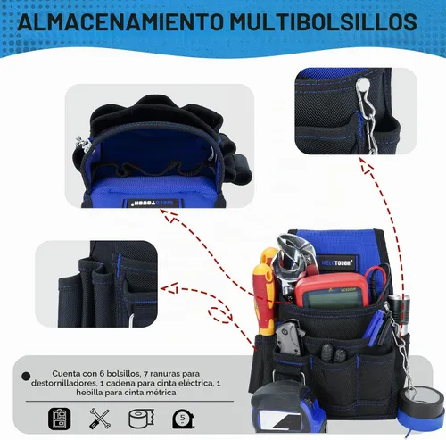 Vista 4 de MELOTOUGH Bolsa de herramientas para electricista, bolsas para cinturón de herramientas, múltiples bolsillos, organizador de herramientas para Azul