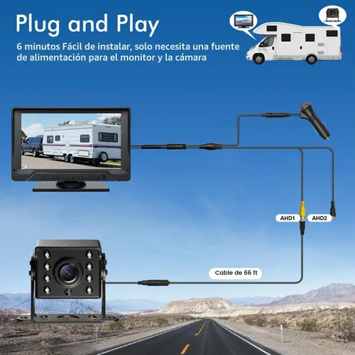 Vista 3 de Sistema de cámara de respaldo para RV, cámara de respaldo con cable de 7 pulgadas para camión, remolque, cámper, cámara de visión trasera HD 1080P