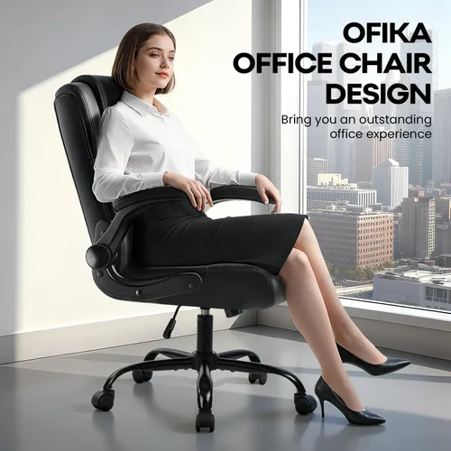 Vista 8 de Silla de escritorio de cuero OFIKA, silla de oficina ergonómica con soporte lumbar, silla de computadora, silla ejecutiva de cuero con reposabrazos
