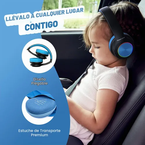 Vista 6 de PowerLocus PLED Auriculares Bluetooth para Niños, Auriculares Inalámbricos para Niños con Luces LED, Volumen Seguro de 74/85/94dB, Micro SD, Cable