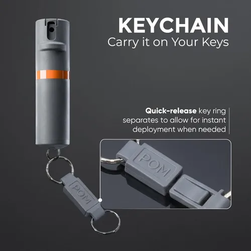 Vista 4 de POM Pepper Spray Keychain, Quick Key Release for Instant Access, Flip Top Safety, Maximum Strength OC Formula with UV Marking Dye, 25 Bursts, 10 ft