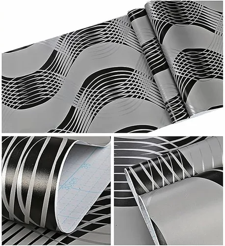 Vista 8 de J1359-10M - Papel tapiz moderno geométrico abstracto con ondas, pelar y pegar, 17.7 pulgadas x 32.8 pies, papel de contacto extraíble rojo/dorado