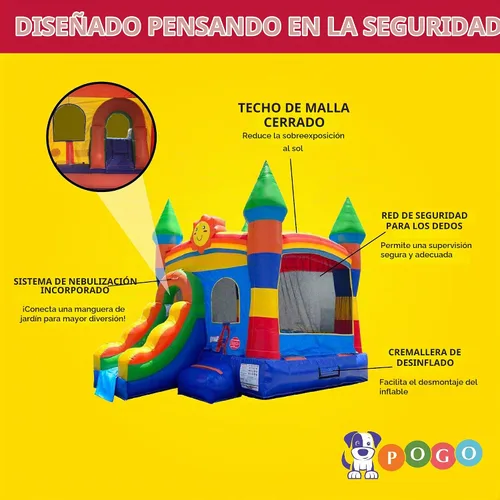 Vista 5 de Pogo Bounce House Crossover inflable con tobogán sin soplador, arcoíris sonriente 18 x 12 x 14.5 Foot Bounce House Combo Waterslide with