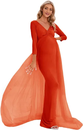 Vista 4 de ZIUMUDY Vestido de maternidad de tul con hombros descubiertos para sesión de fotos, vestido de fotografía ajustado de manga larga para baby shower