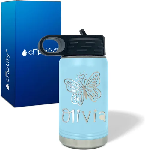 Vista 47 de Botella de agua para niños personalizada con nombre en botella de agua aislada con anillo verde mate de 12 onzas
