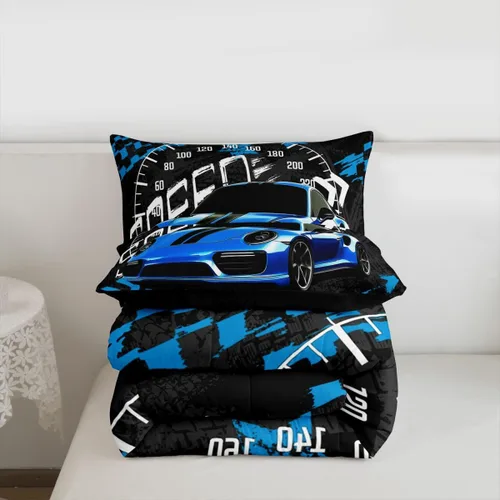 Vista 4 de Feelyou Juego de edredón azul de carreras para niños, juego de ropa de cama de coche deportivo para niños y niños, edredón deportivo geométrico a
