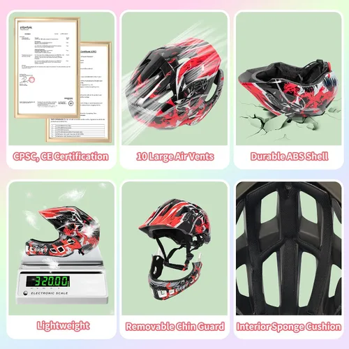 Vista 2 de EULANT Casco integral para niños con protector de barbilla, casco de bicicleta para niñas y niños de 6 años, se adapta a cabezas de 48 a 22.0 in