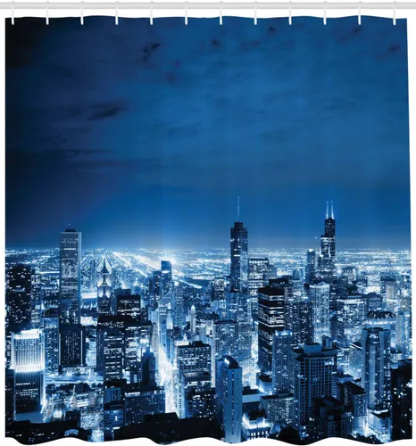 Vista 2 de Ambesonne Cortina de ducha de Estados Unidos, vista aérea de Chicago City of Finance and Business The Horizon Dusk Structure Tourism, juego