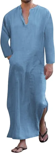 Vista 9 de Jacansi - Bata de cuello en V para hombre, manga corta, división lateral, caftán de algodón, thobe largo, tallas S-3XL Púrpura-gris #1