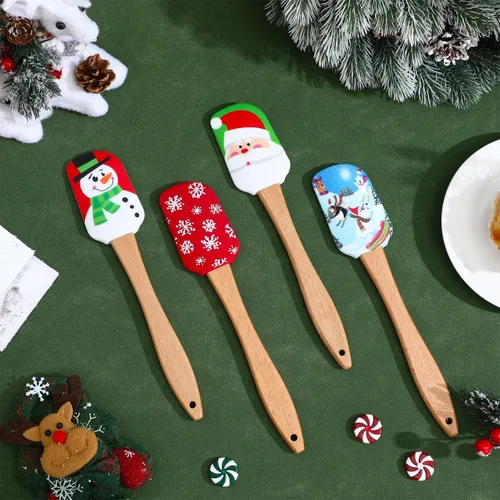 Vista 9 de DOITOOL 8 espátulas de silicona de Navidad, Papá Noel, alce, muñeco de nieve, muñecos de nieve, espátula para pastel de Navidad con mango de madera