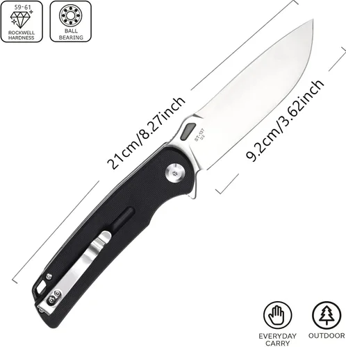 Vista 2 de Sitivien Cuchillo plegable ST137, hoja de satén D2, mango G10, cuchillo de herramienta EDC para senderismo al aire libre, camping, pesca (negro)