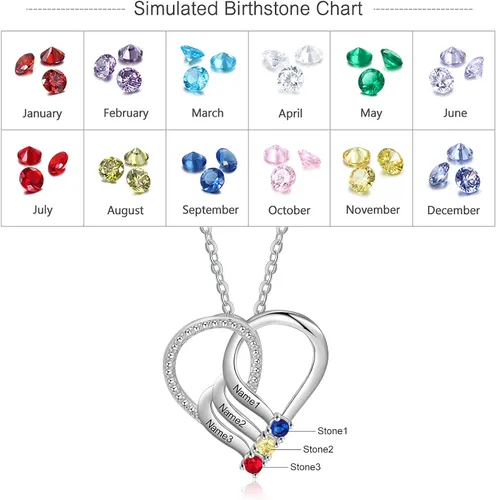 Vista 3 de Jeweidea Collar de corazón personalizado con 2-6 piedras natales de imitación con nombre personalizado madre e hija cadena colgante para mujeres