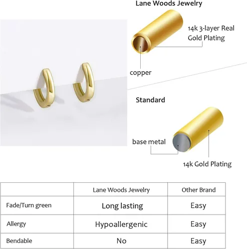 Vista 5 de Aretes de aro pequeños de oro para mujer chapados en oro real de 14 quilates, hipoalergénicos, para cartílago pequeño