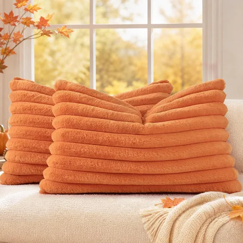 Vista 66 de decorUhome Fundas de almohada de piel sintética, juego de 2, decorativas, afelpadas, suaves, afelpadas, a rayas, parte posterior de terciopelo