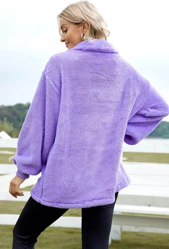 Vista 6 de Sudadera de forro polar mullido para mujer, con cierre de oso, cuello alto, de gran tamaño, con bolsillo