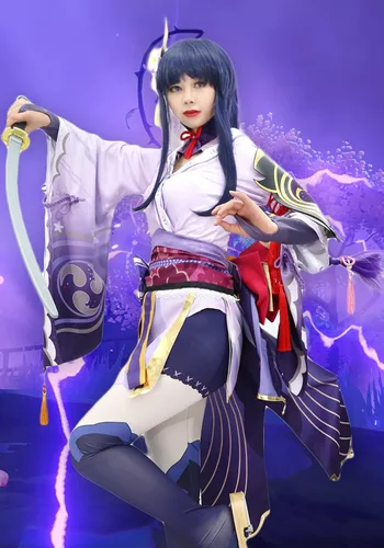 Vista 6 de DAZCOS Disfraz de cosplay Raiden Shogun de talla asiática para mujer para Halloween