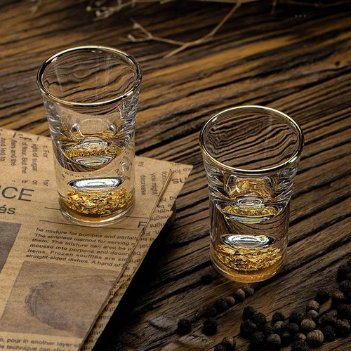 Vista 7 de Juego de 6 vasos de chupito de 0.3 fl oz (0.33 onzas) Shot Cups Decorated with 24K Gold Flakes for Whiskey, Tequila, Vodka, Mini Shot Glass