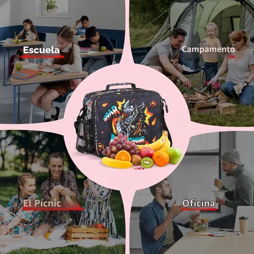 Vista 3 de rockpapa Lonchera infantil para niños con correa, impermeable, resistente a las manchas y al aceite, bolsa de almuerzo aislada, bolsa de almuerzo