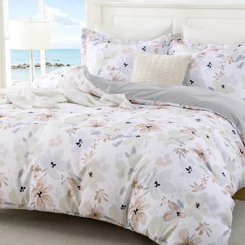 Vista 12 de JOLLYVOGUE Juego de funda de edredón floral tamaño matrimonial, 3 piezas Flores beige (sin edredón)