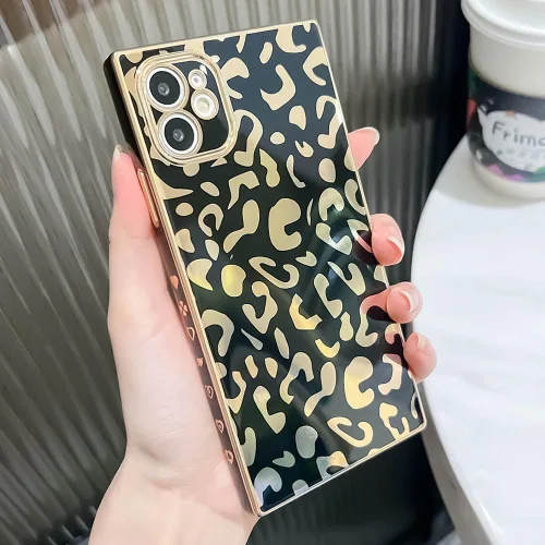 Vista 2 de Elegante Compatible con iPhone 11 Estuche de borde rectangular, lindo estuche de revestimiento de patrón de leopardo de lujo, protector de cámara